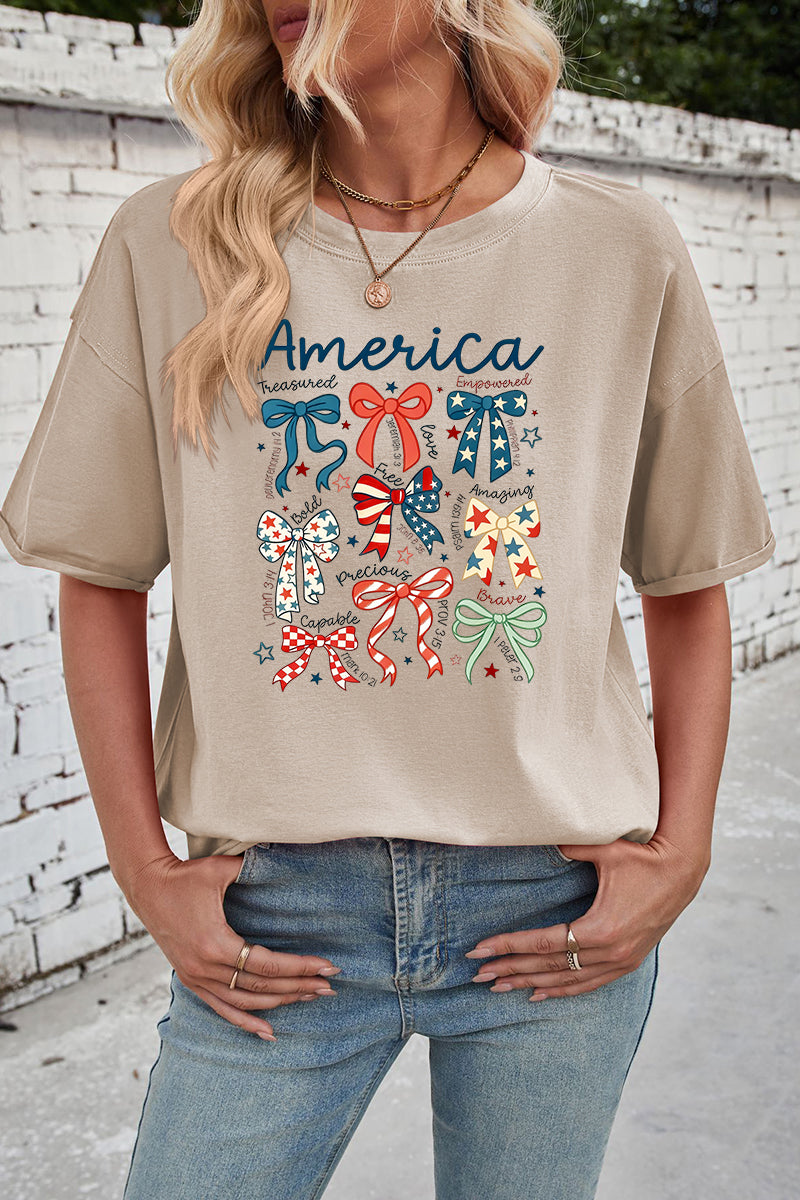 America Bow Print Rayon Tee Oversized Patriotic Top