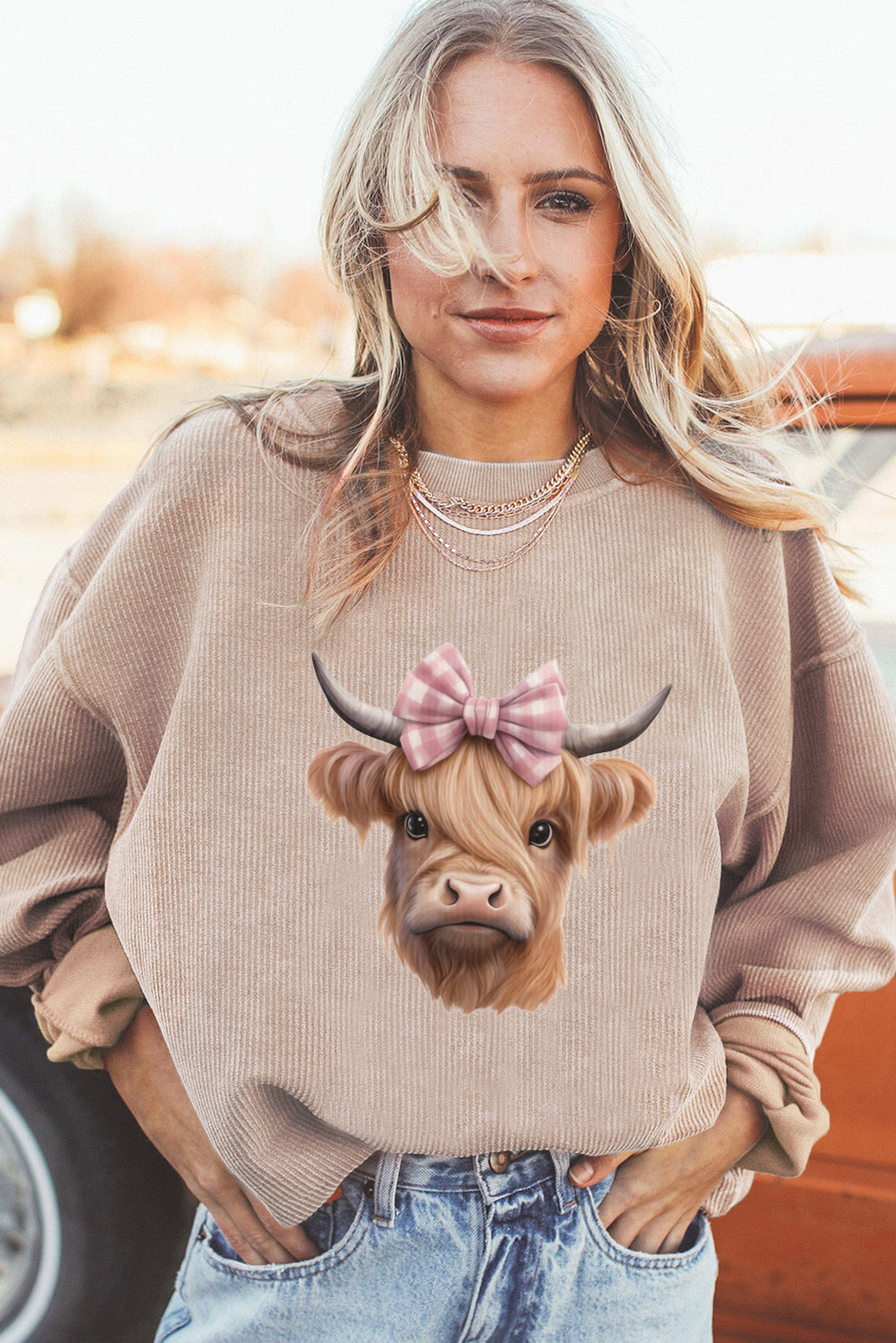 Western Graphic Highland Cow Bow Print Oversized Sweatshirt