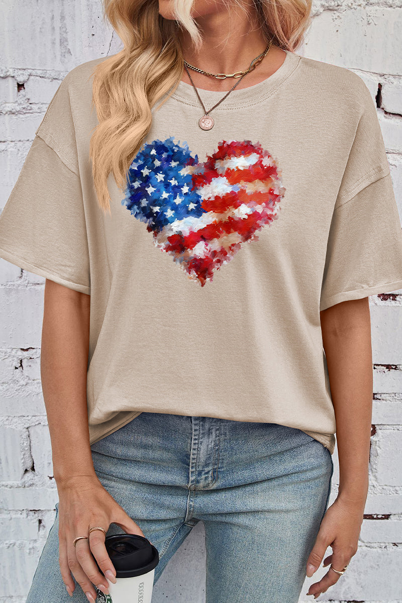Patriotic Cotton Graphic Tee Oversized Flag Heart Top