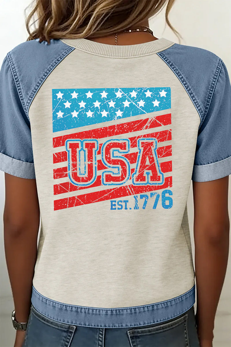 Patriotic Graphic Tee Denim Patchwork USA Flag Top