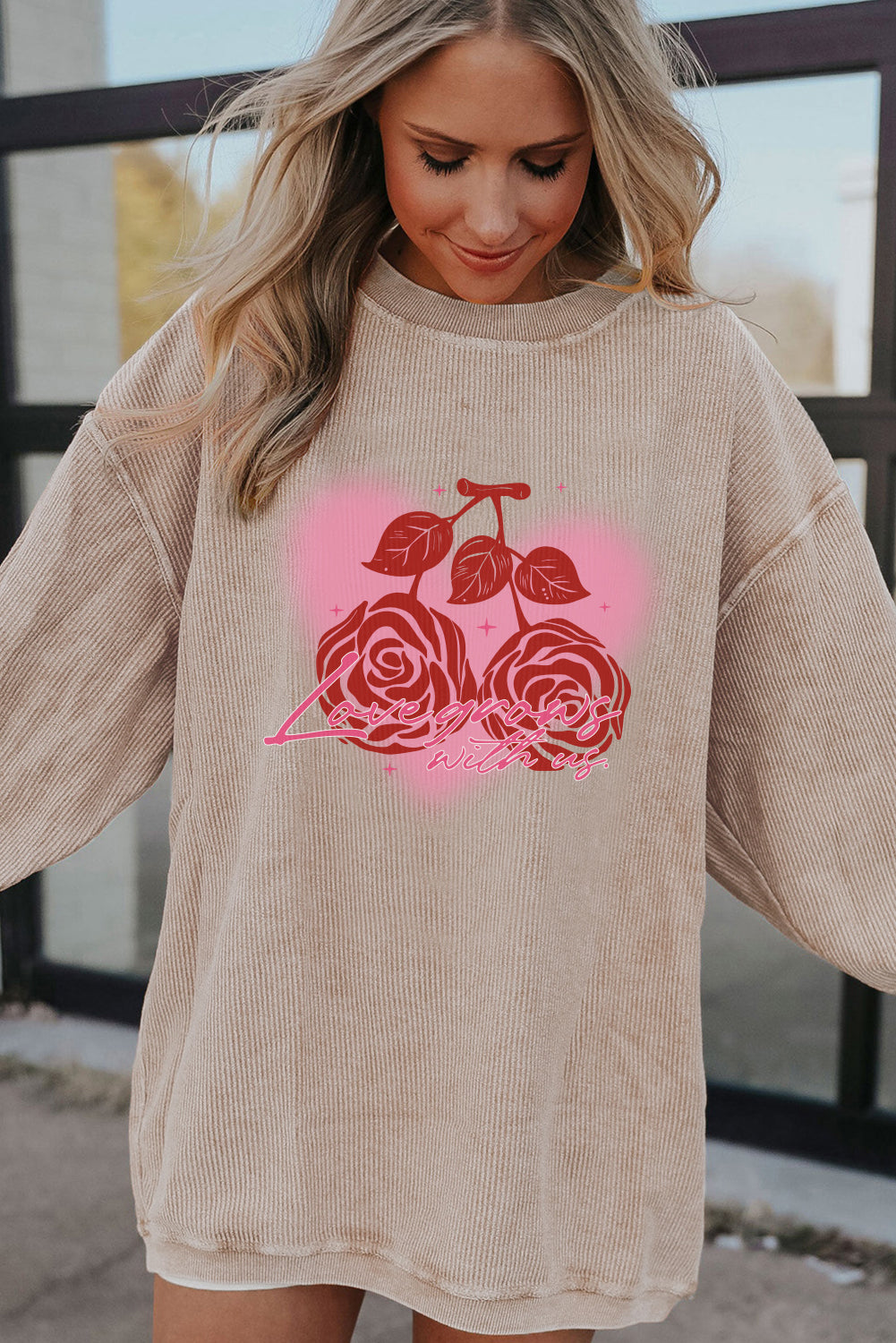 Valentine Rose Heart Corduroy Ribbed Oversized Sweatshirt