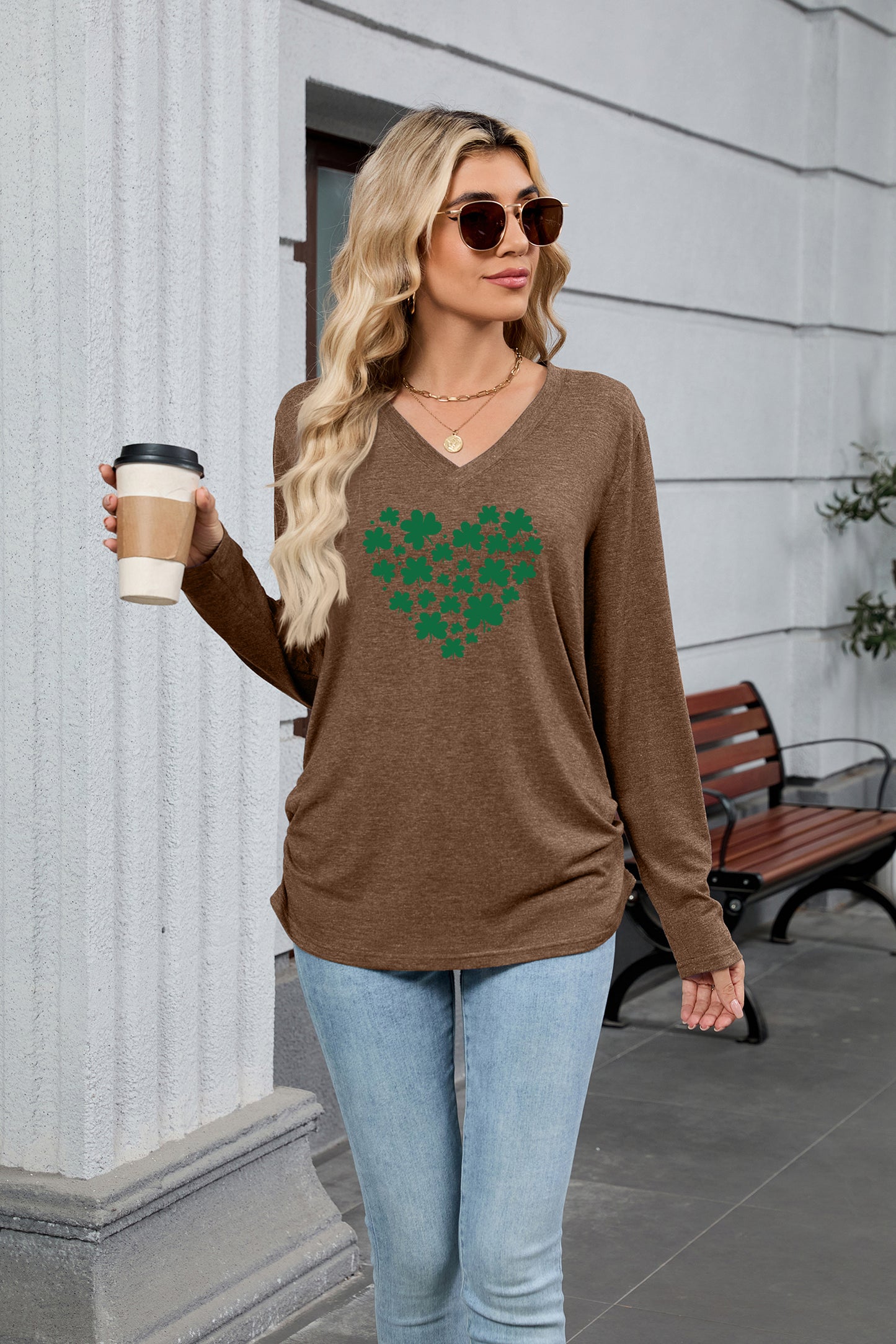 Saint Patrick’s Day Shamrock Heart Print V Neck Top