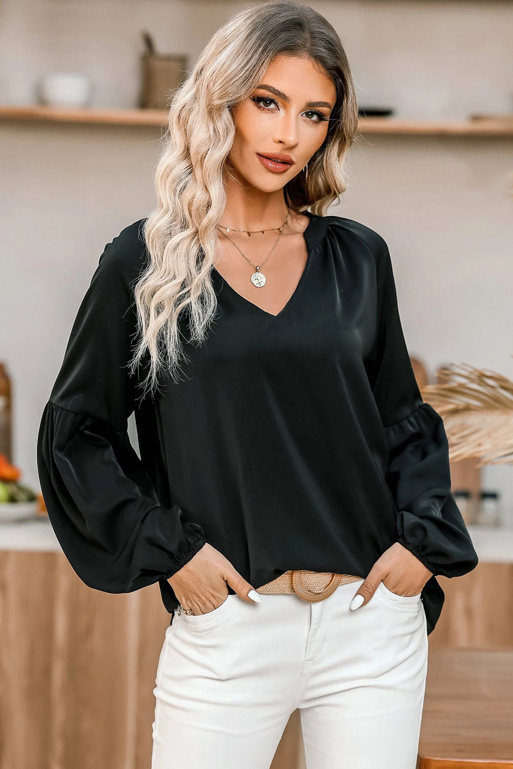 Black Fiery V Neck Long Puff Sleeve Top