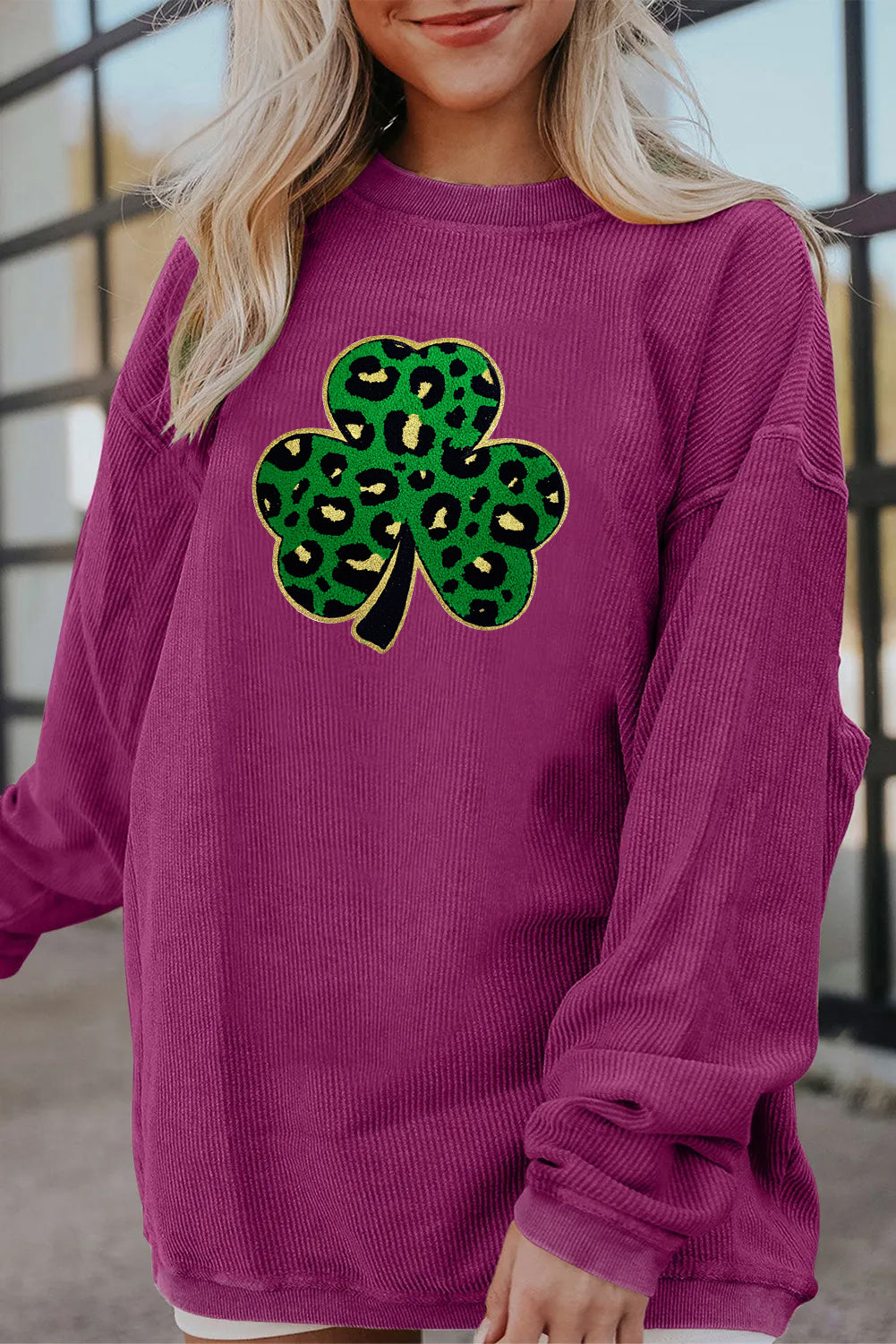 Saint Patrick’s Day Leopard Shamrock Corded Sweatshirt