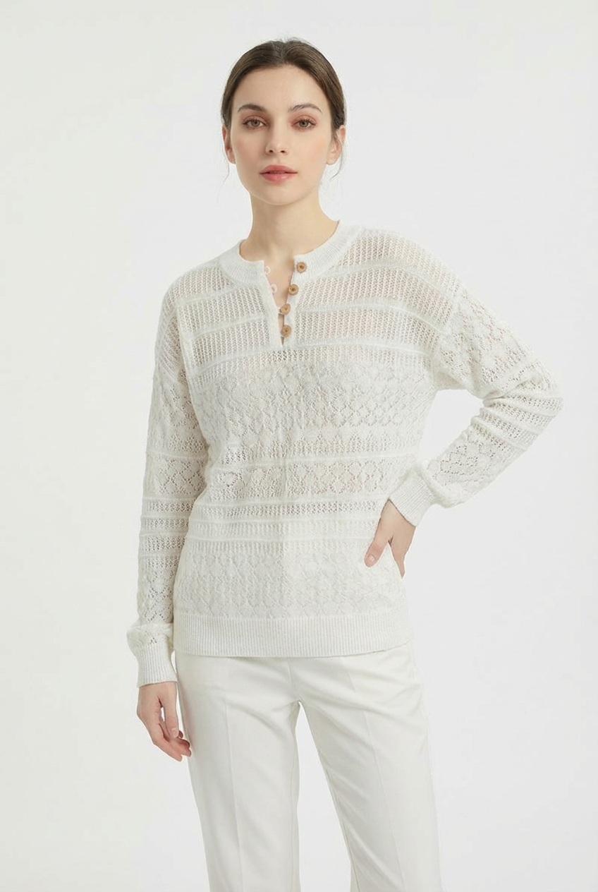 Open Knit Henley Button Long Sleeve Sweater