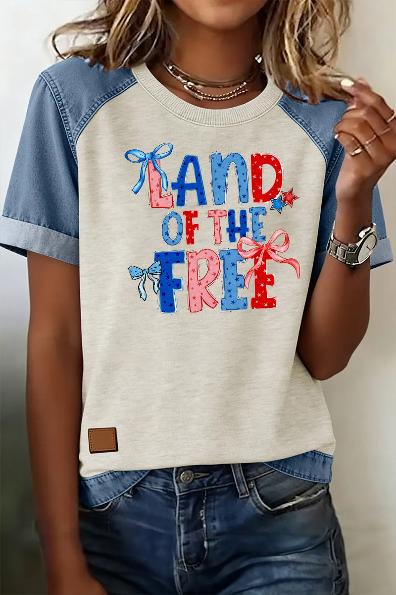 Letter Print Denim Patchwork Tee Casual