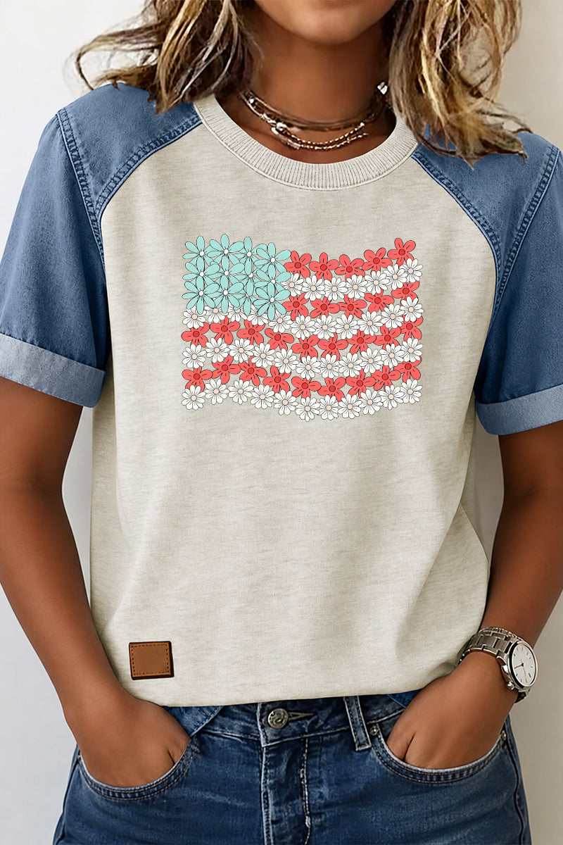 Floral Flag Denim Patchwork Tee Casual
