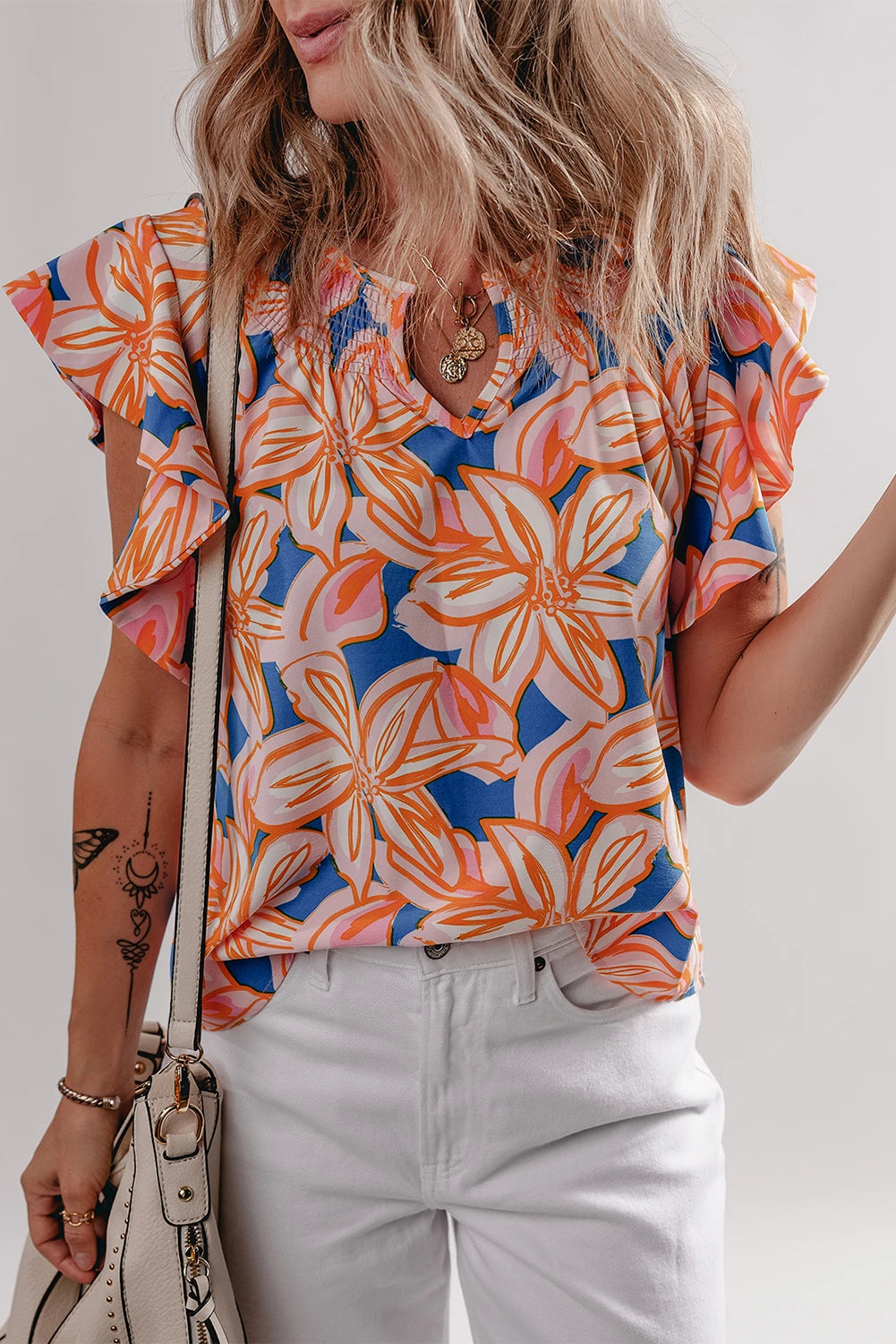 Orange Summer Flower Print Notched Neck Ruffle Sleeve Blouse
