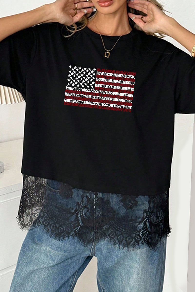 State Names Polyester Tee American Flag Patriotic Top