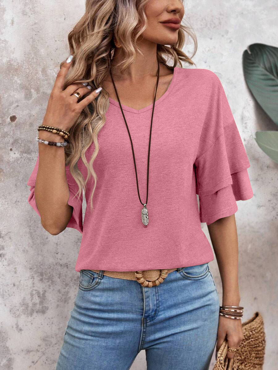 Summer V Neck Ruffle Sleeve Loose Fit Women’s Top