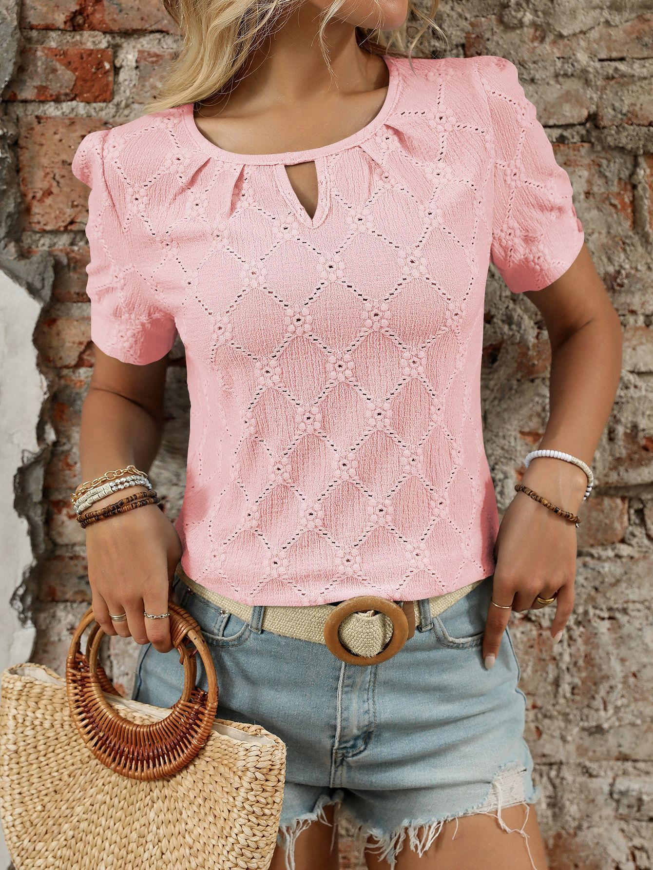 Women’s Eyelet Knit T Shirt Short Sleeve Summer Top