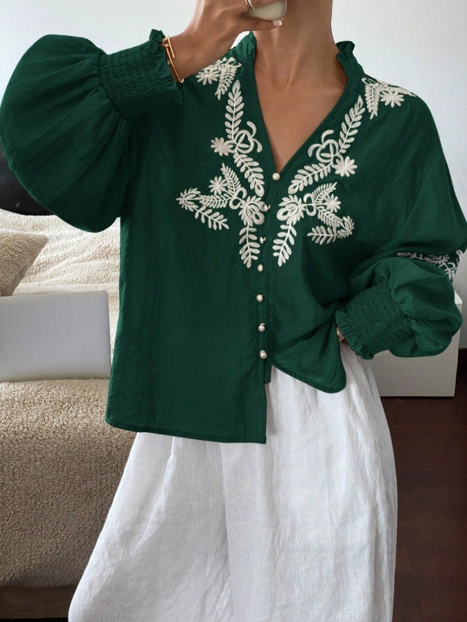 Floral Blend Blouse Boho Embroidered Puff Sleeve