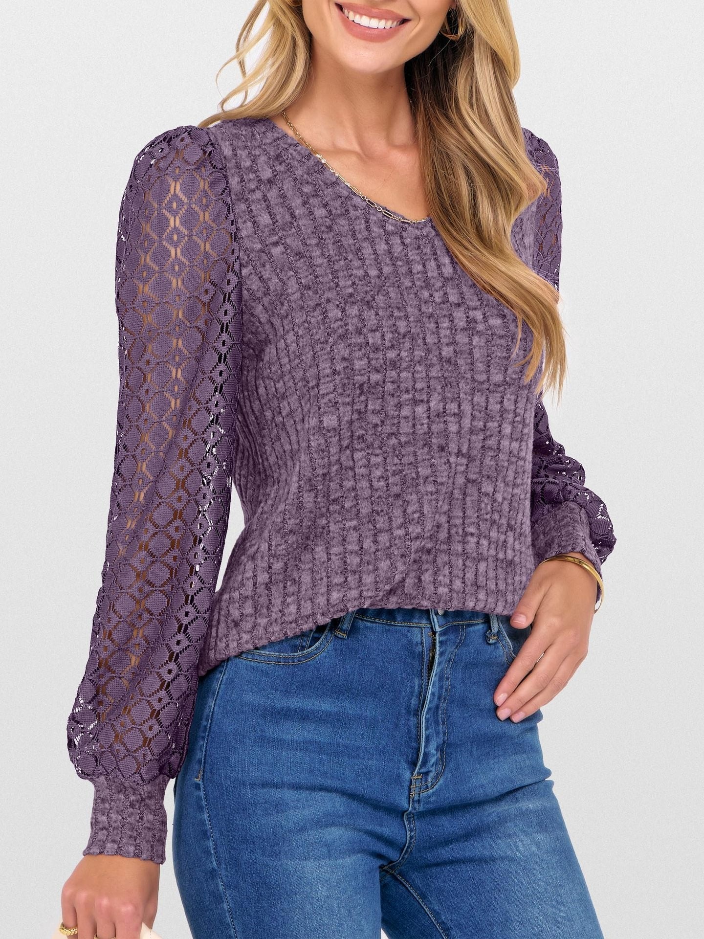 V-Neck Knit Top with Lace Puff Long Sleeves