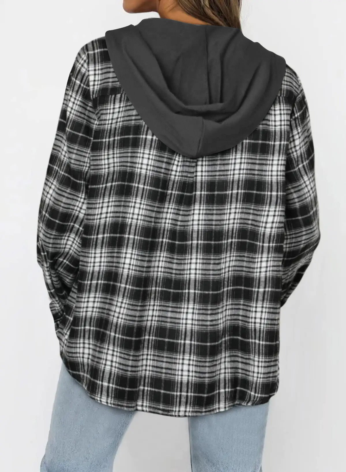 Plaid Hooded Shacket Button Front Oversized Fit