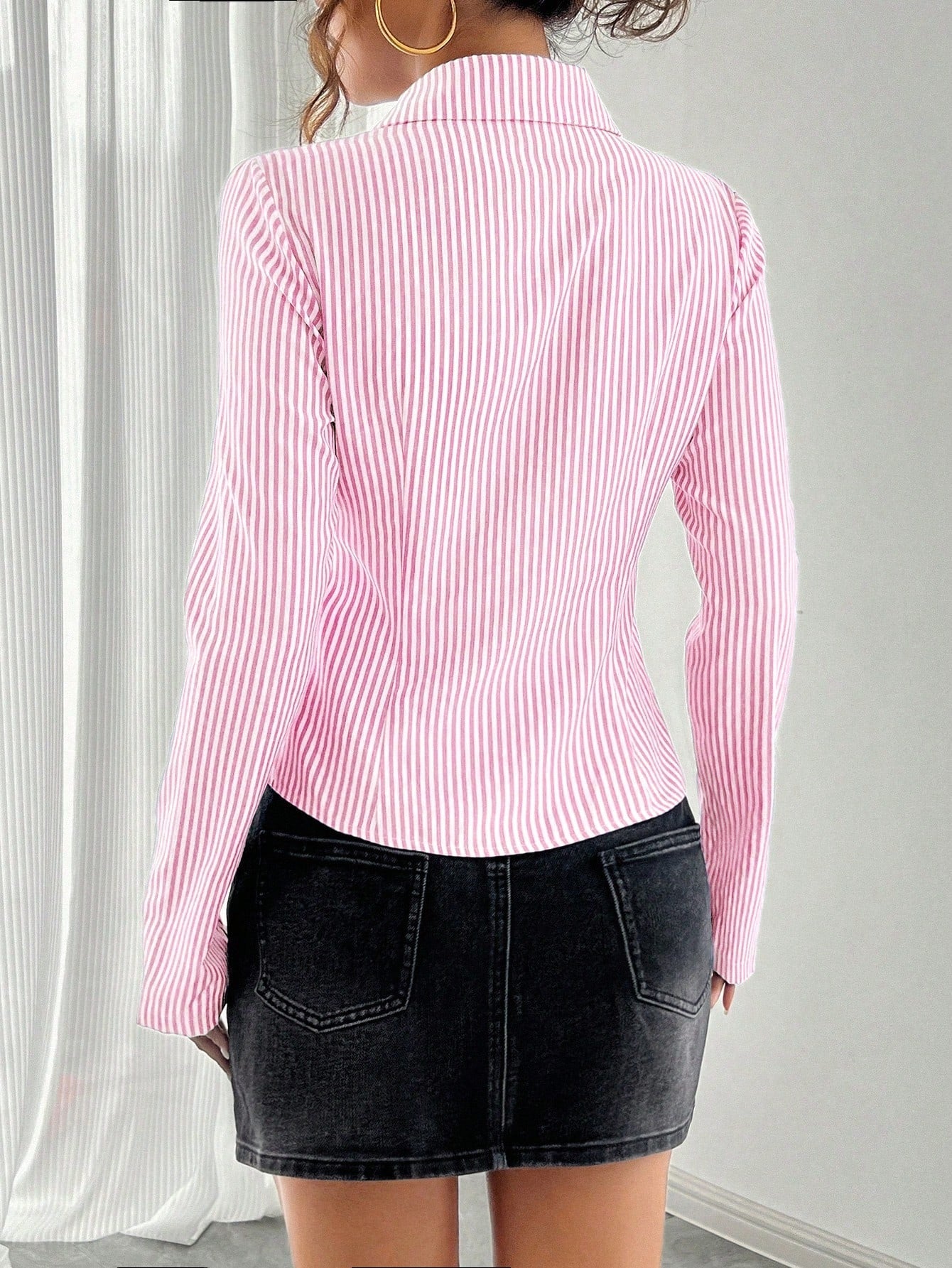 Striped Button-Up Shirt Fitted Long Sleeve Work Blouse