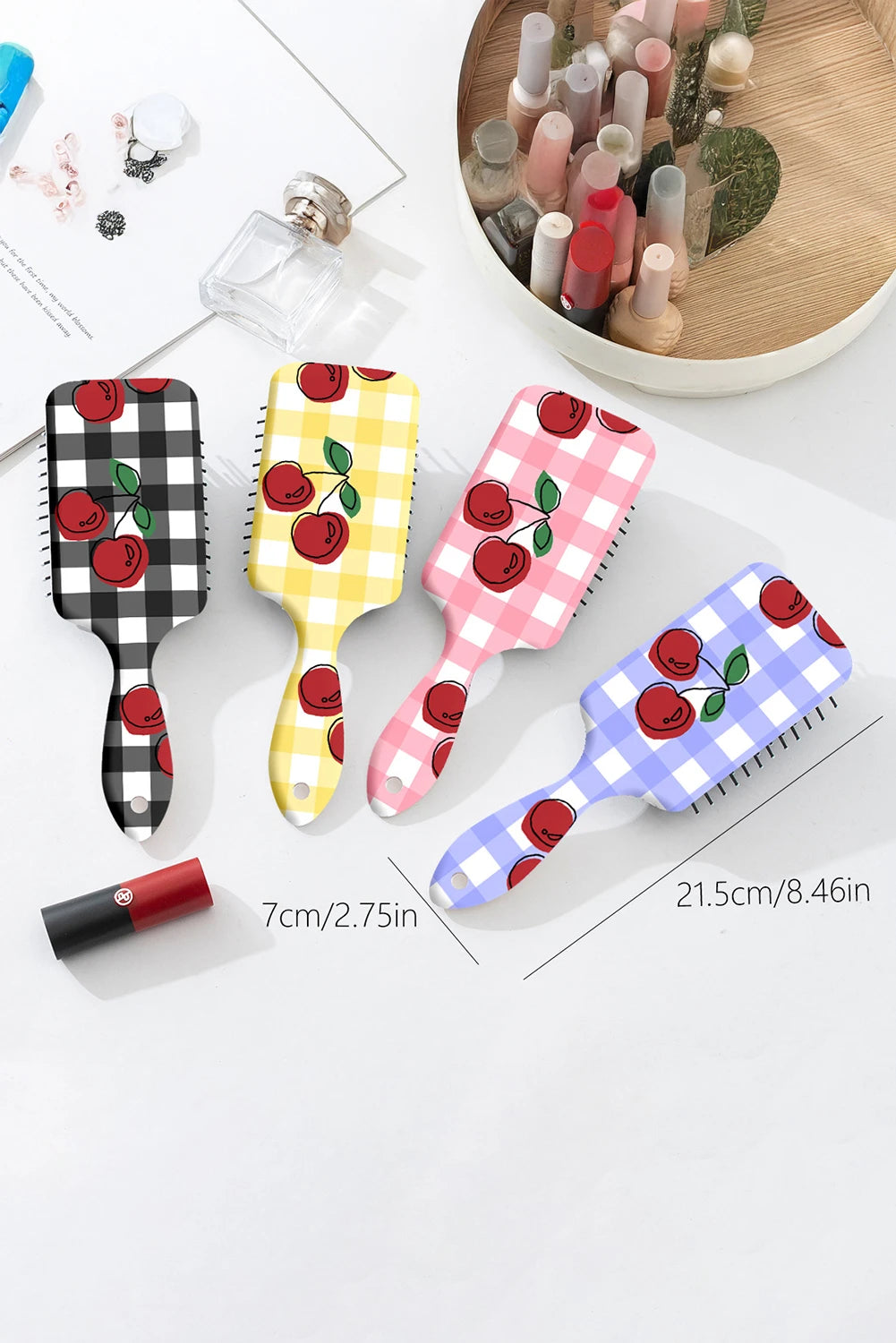Pink Checkered Cherry Print Large Detangle Air Cushion Comb