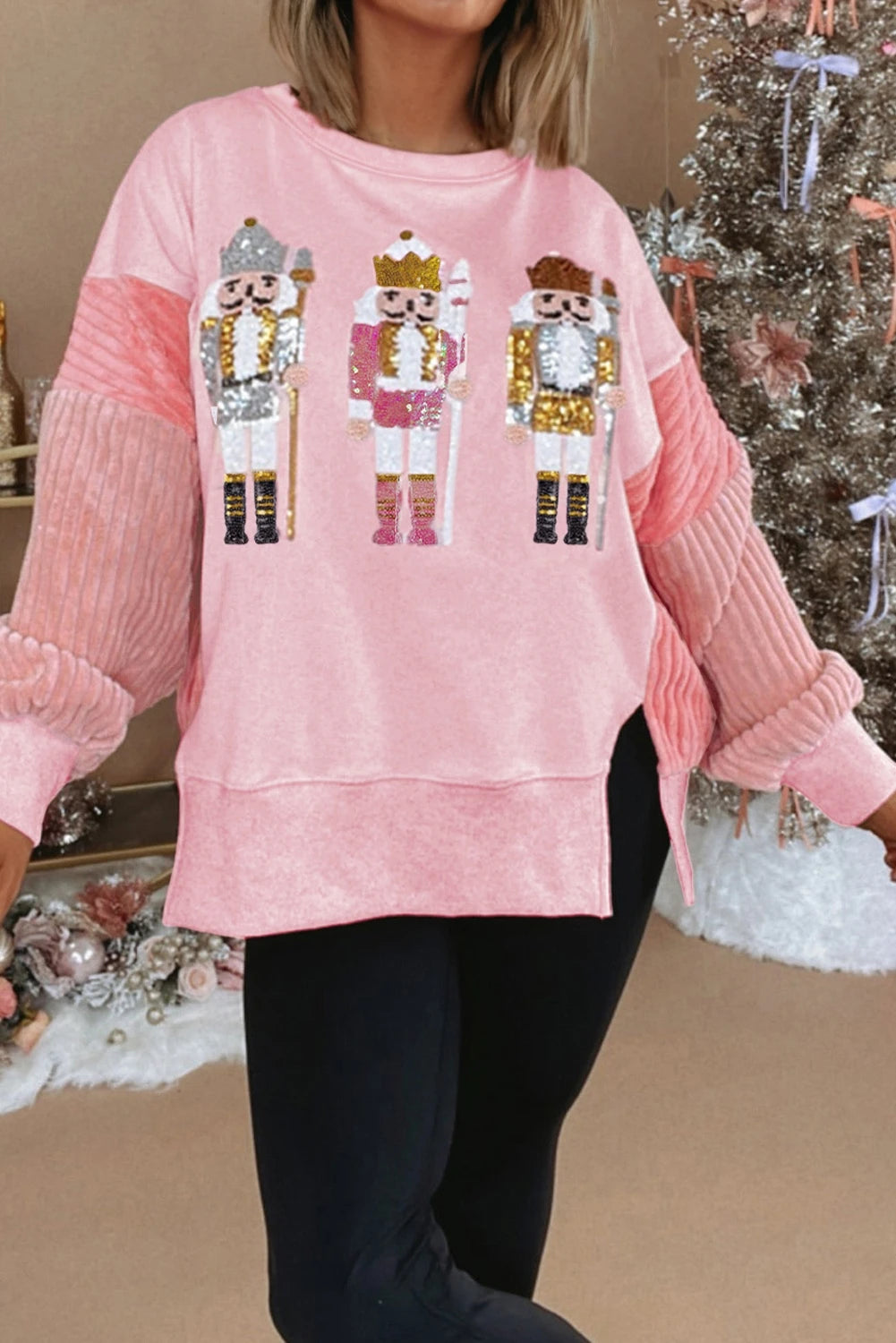 Sequin Nutcracker Textured Sleeve Patchwork Color Block Sweatshirt