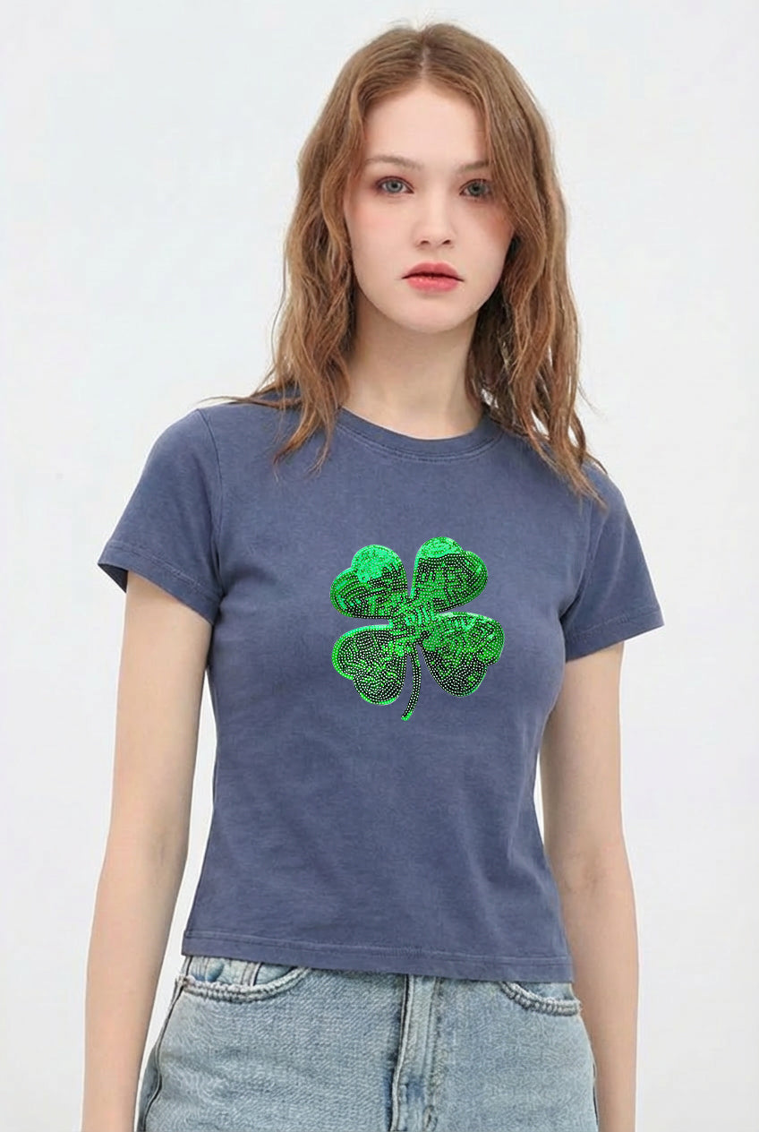 St Patricks Day Sequin Shamrock Crop T-Shirt