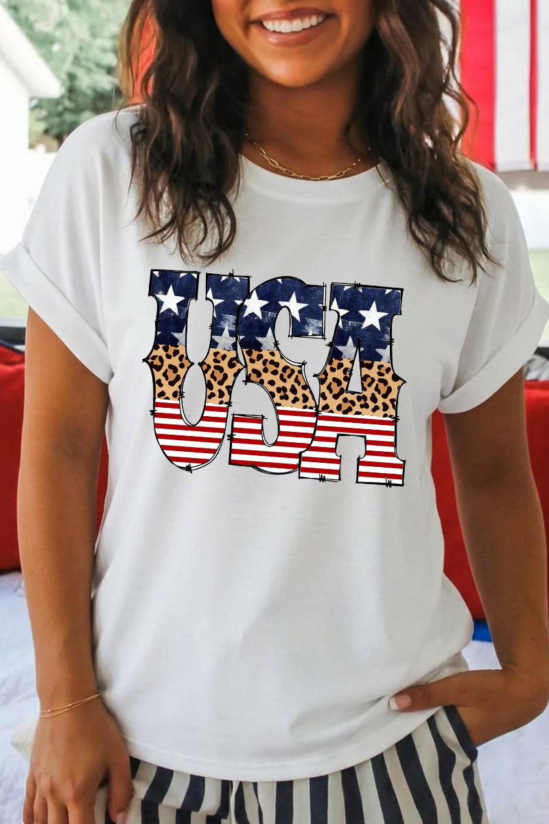 Women 4th of July USA Leopard Flag T Shirt