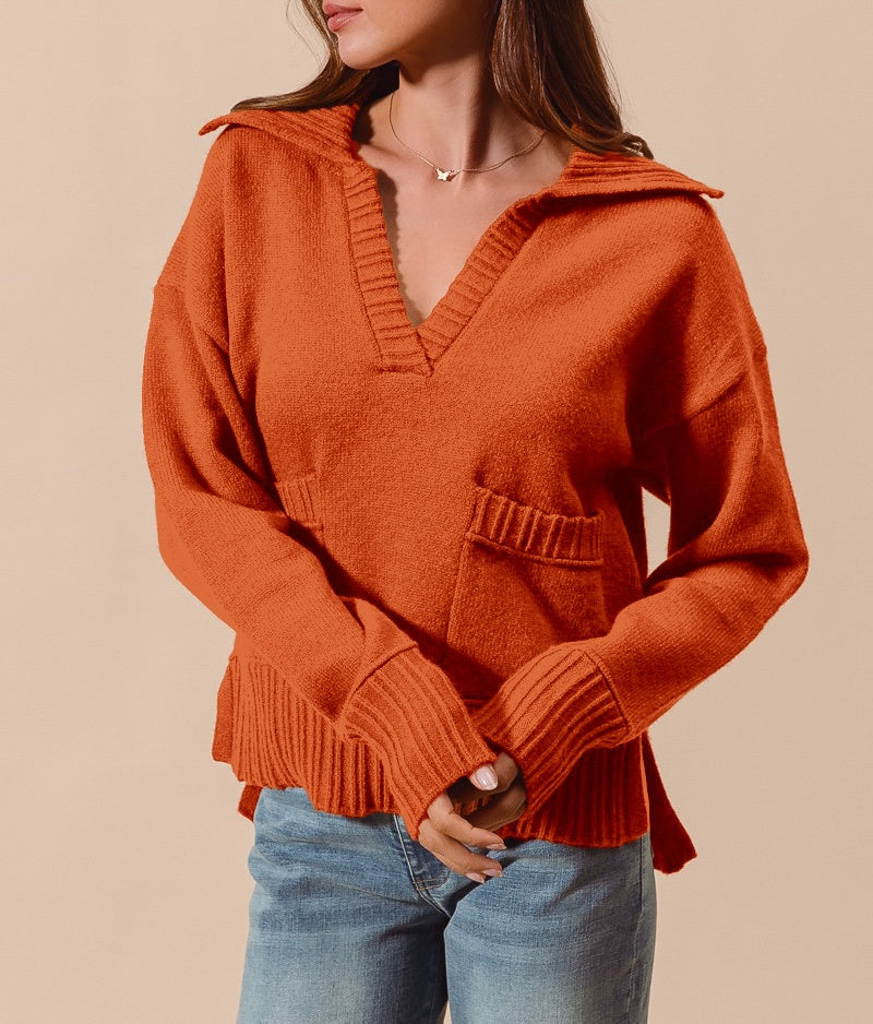 Fall V Neck Knit Sweater with Collar and Pockets
