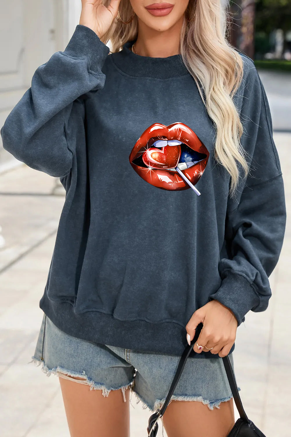 Valentine’s Day Red Lips Heart Lollipop Graphic Sweatshirt