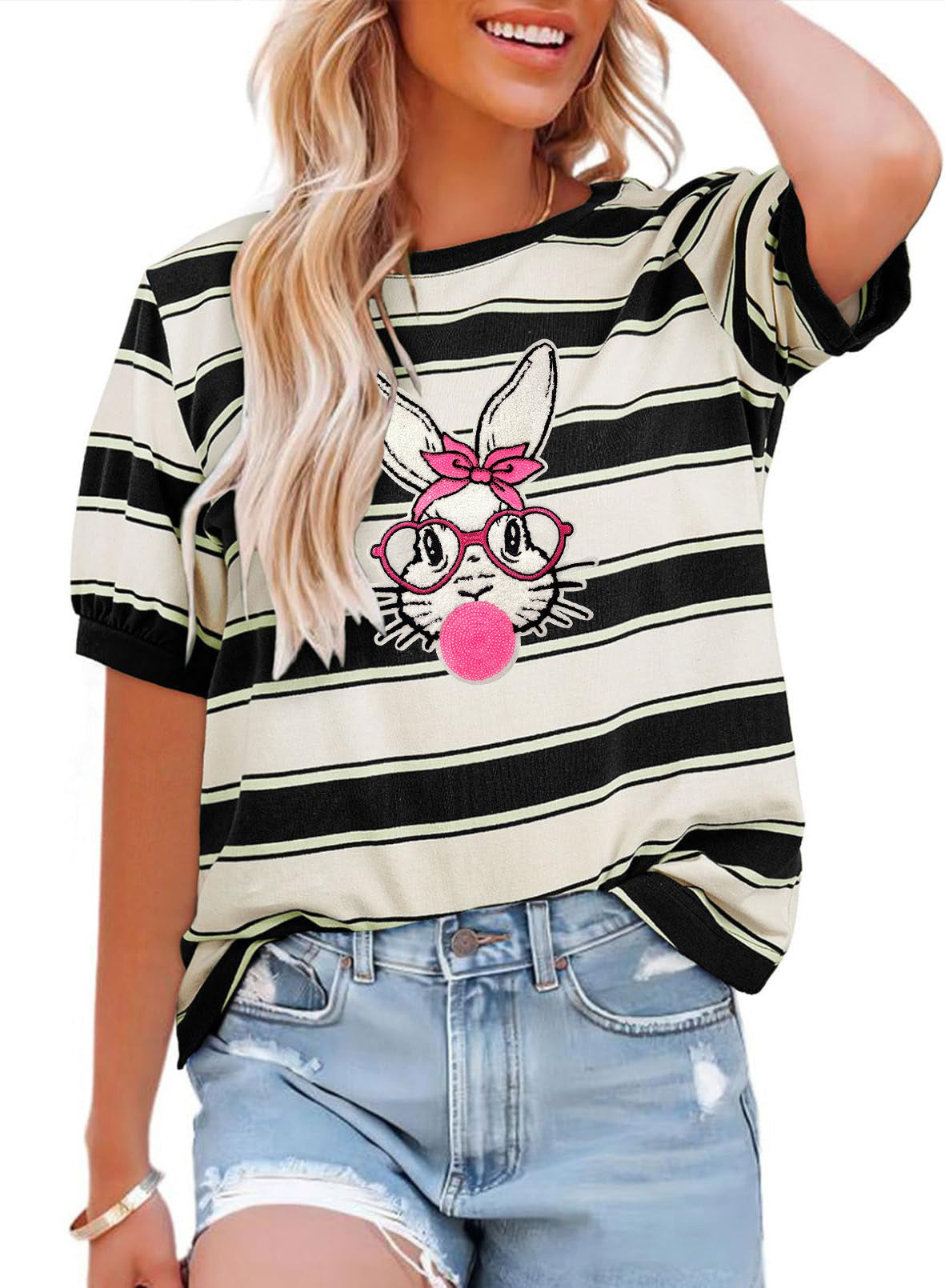 Easter Bunny Graphic Striped Short Sleeve T Shirt