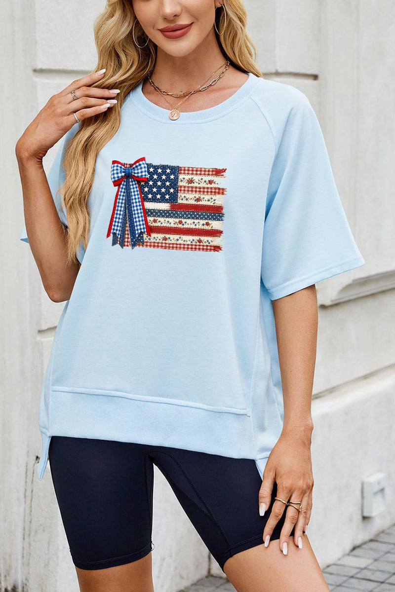 USA Flag Bow Graphic Tee Women 4th July Patriotic Top