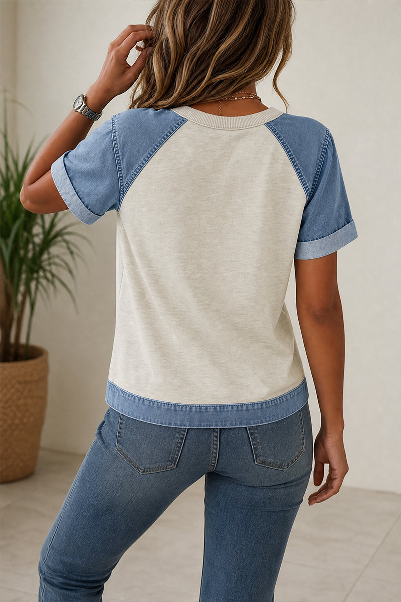 Patriotic Graphic Tee Denim Patchwork USA Back Print