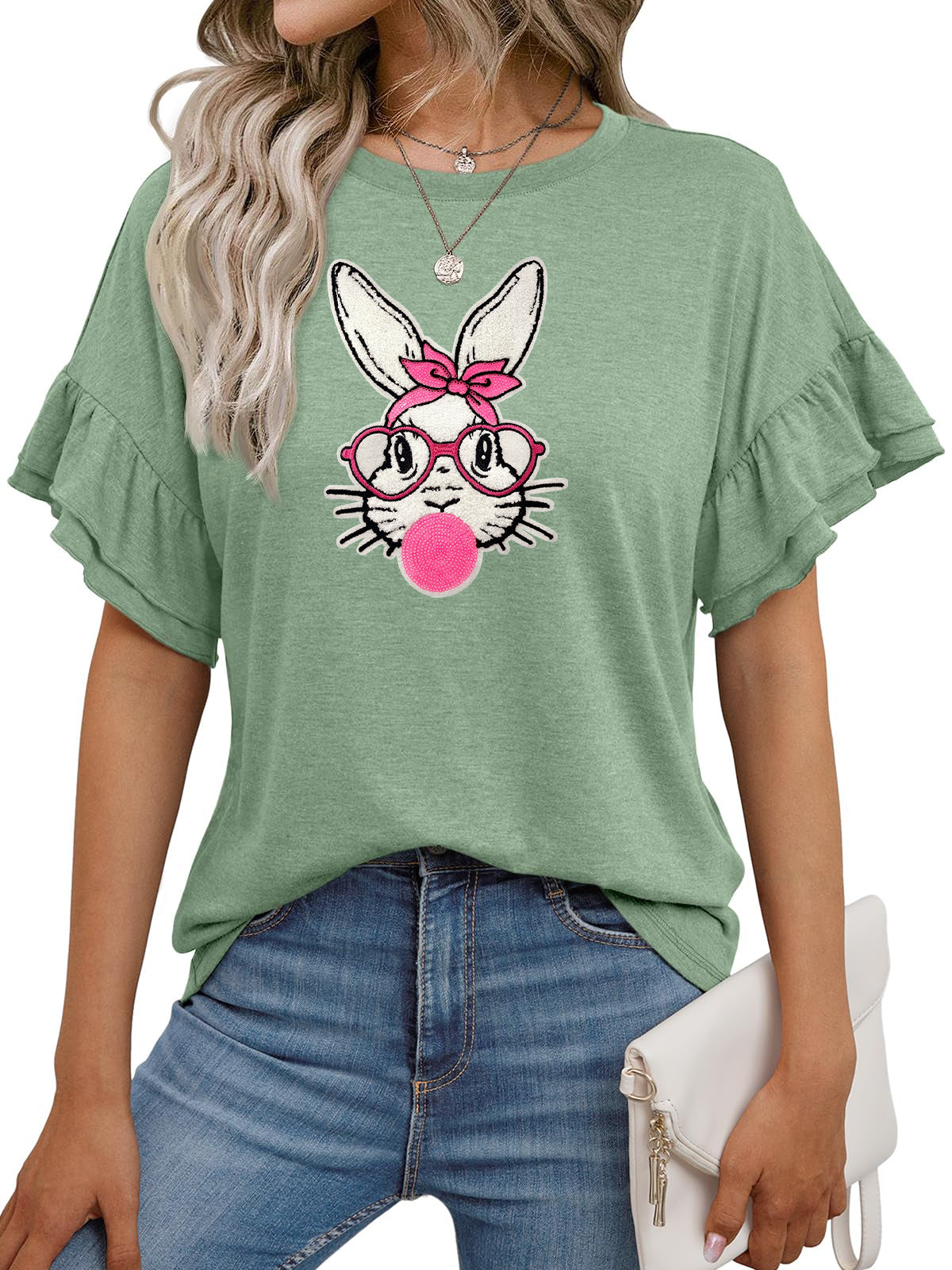Easter Bunny Floral Graphic Ruffle Sleeve T Shirt