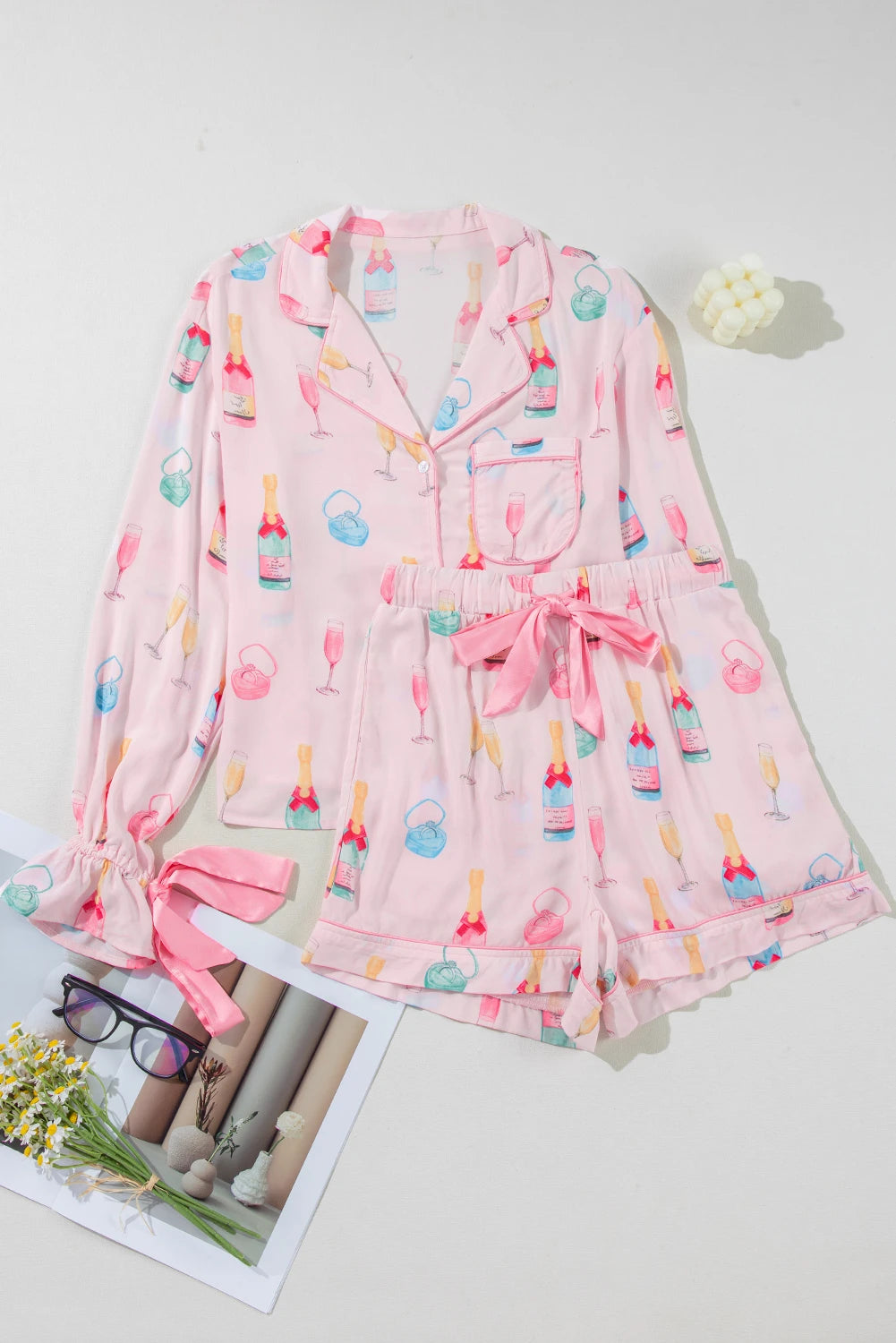 White Christmas Wine Glass Print Bow Knot Two Piece Pajama Set