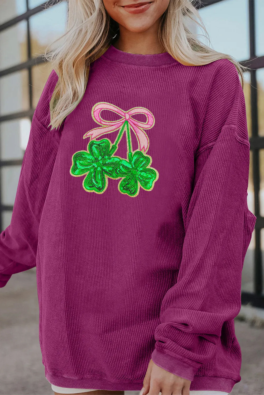 Saint Patrick’s Day LUCK Clover Graphic Corded Sweatshirt