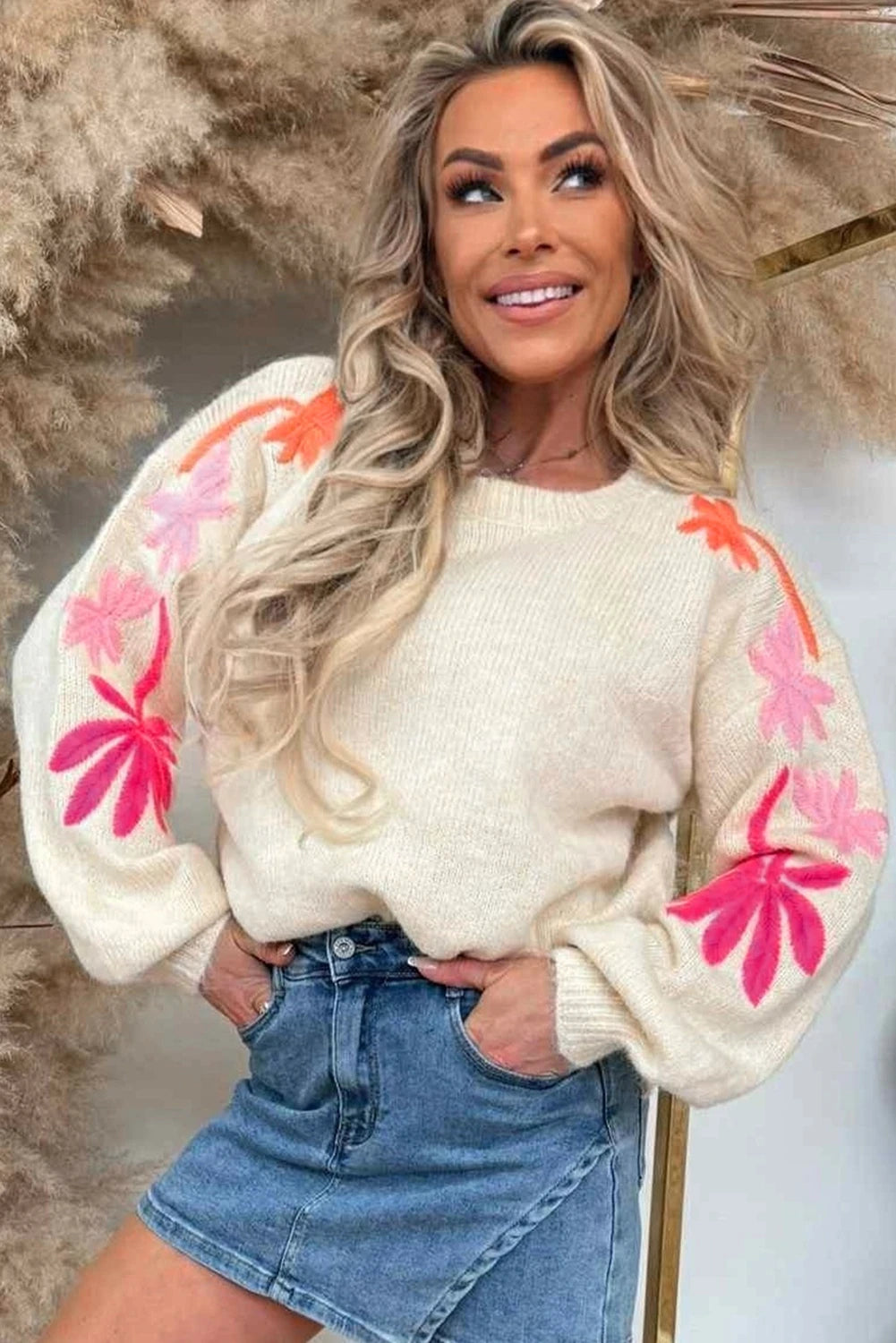 Simply Taupe Embroidered Floral Sleeve Round Neck Loose Sweater