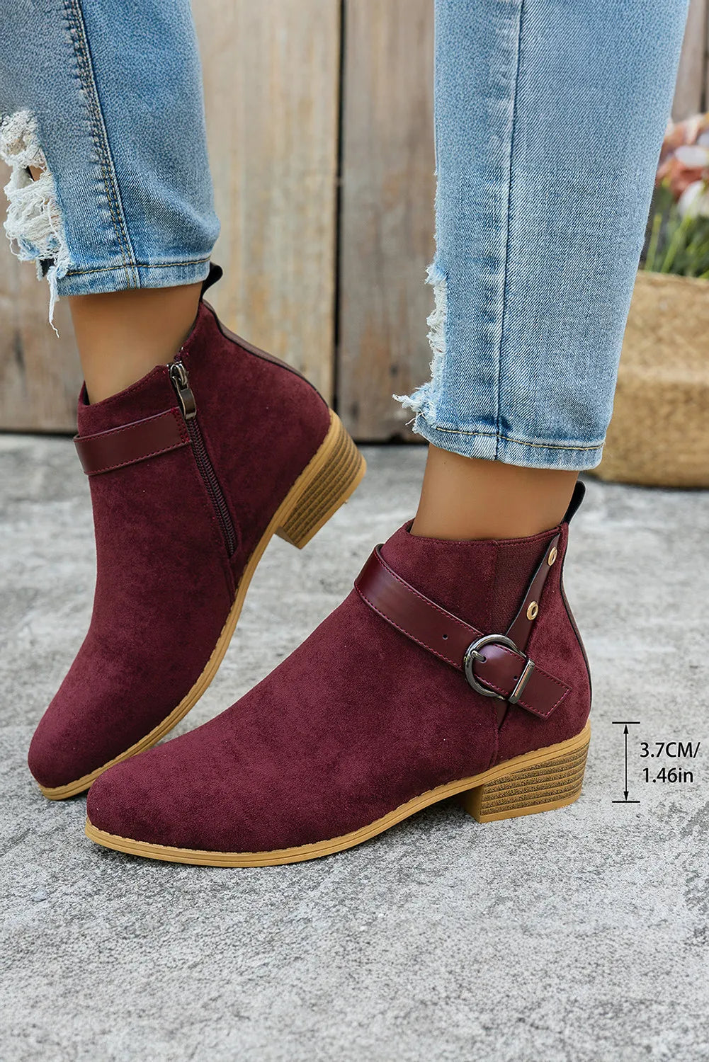 Burgundy Faux Suede Leather Strap Patchwork Buckle Side Zip Ankle Boots