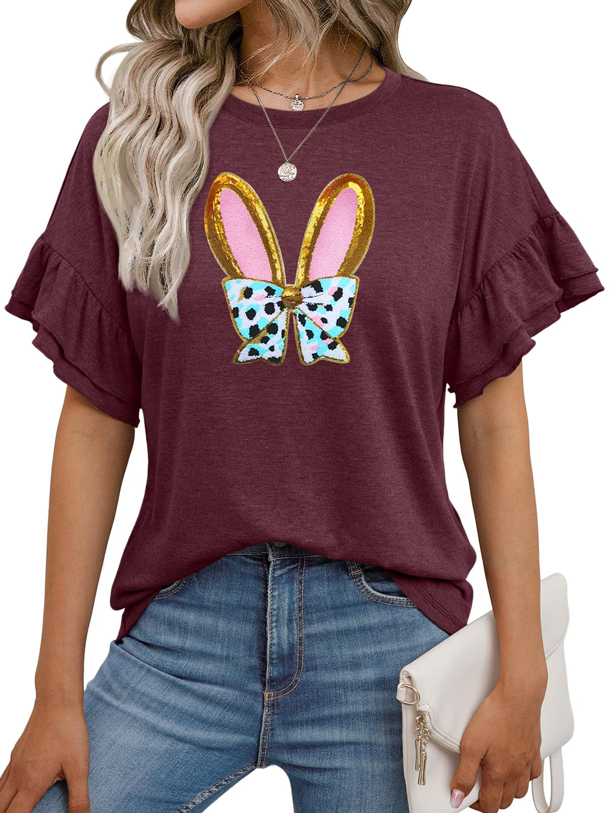 Easter Bunny Graphic Ruffle Sleeve T Shirt