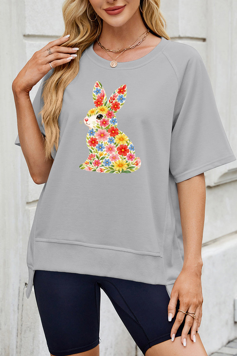 Floral Easter Bunny Graphic Tee Women Spring Casual Top