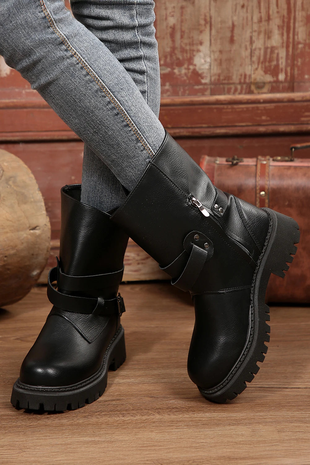 Black Faux Leather Overlap Buckle Strap Zip Detail Boots