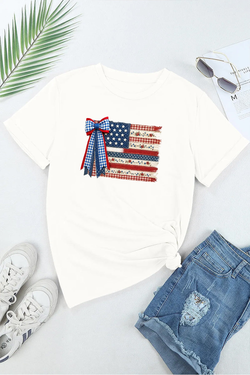 USA Flag Bow Graphic Tee Women Patriotic 4th of July Top