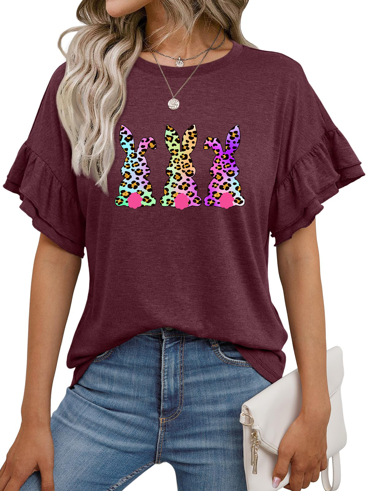 Easter Floral Bunny Graphic Ruffle Sleeve T Shirt