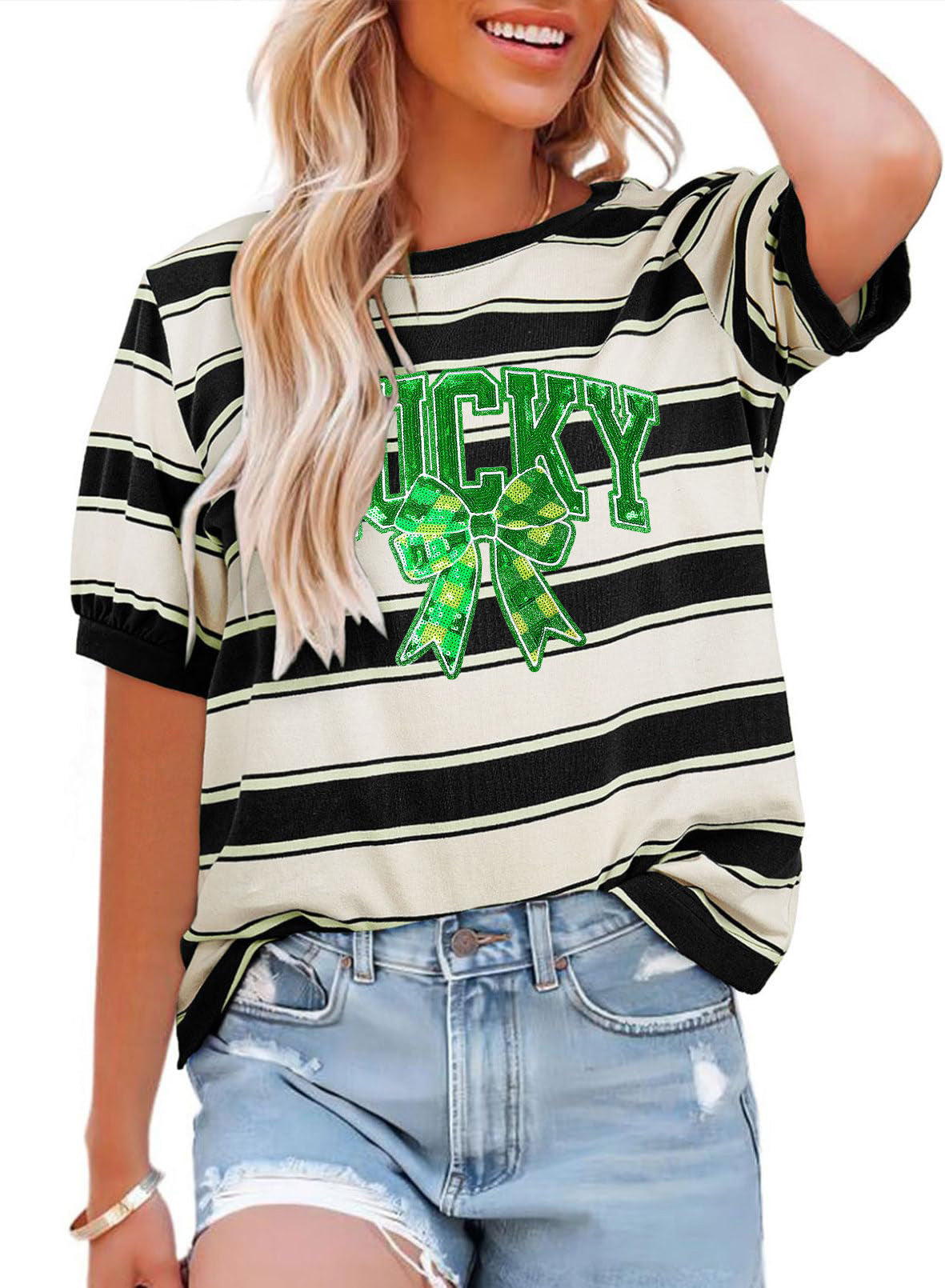 St Patricks Day Lucky Sequin Bow Stripe T-Shirt