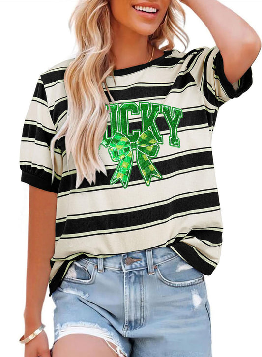 St Patricks Day Lucky Sequin Bow Stripe T-Shirt