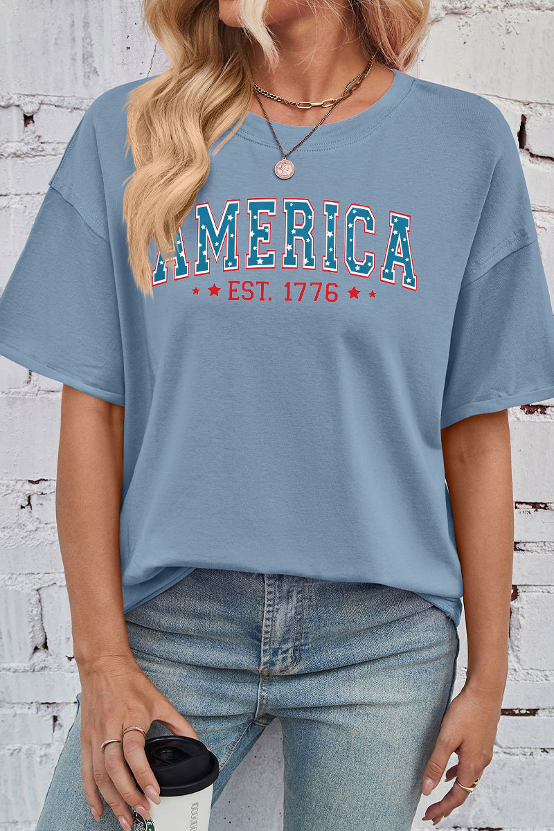 America EST 1776 Print Rayon Tee Oversized Patriotic Top