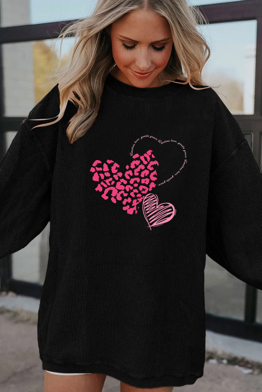 Valentine's Day Pink Leopard Heart Graphic Cozy Sweatshirt