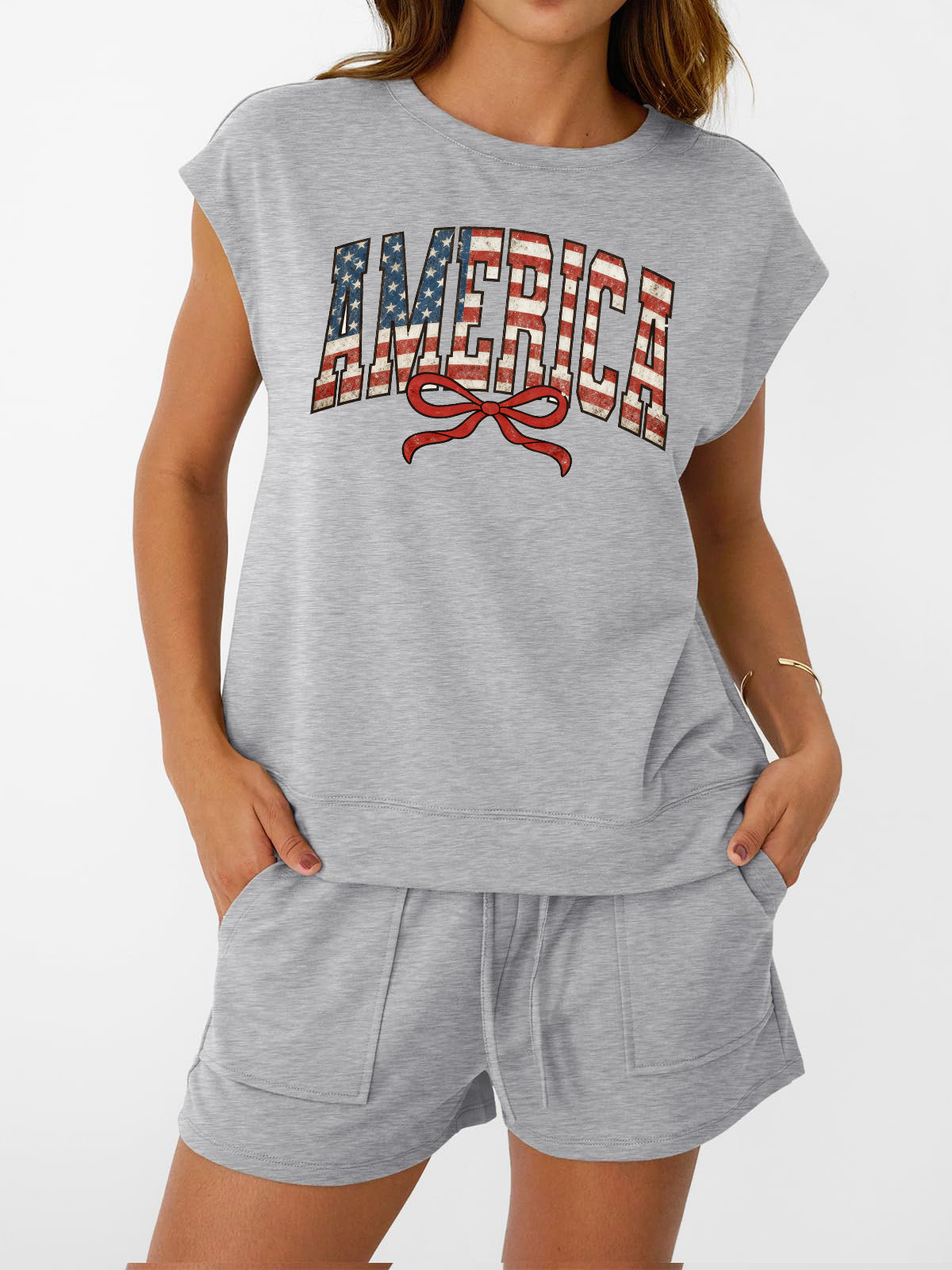 4th of July America Bow Detail Short Set Outfit