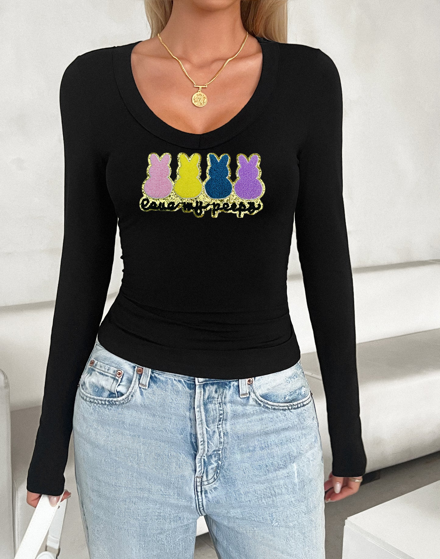 Easter Bunny Graphic U Neck Long Sleeve Fitted Top