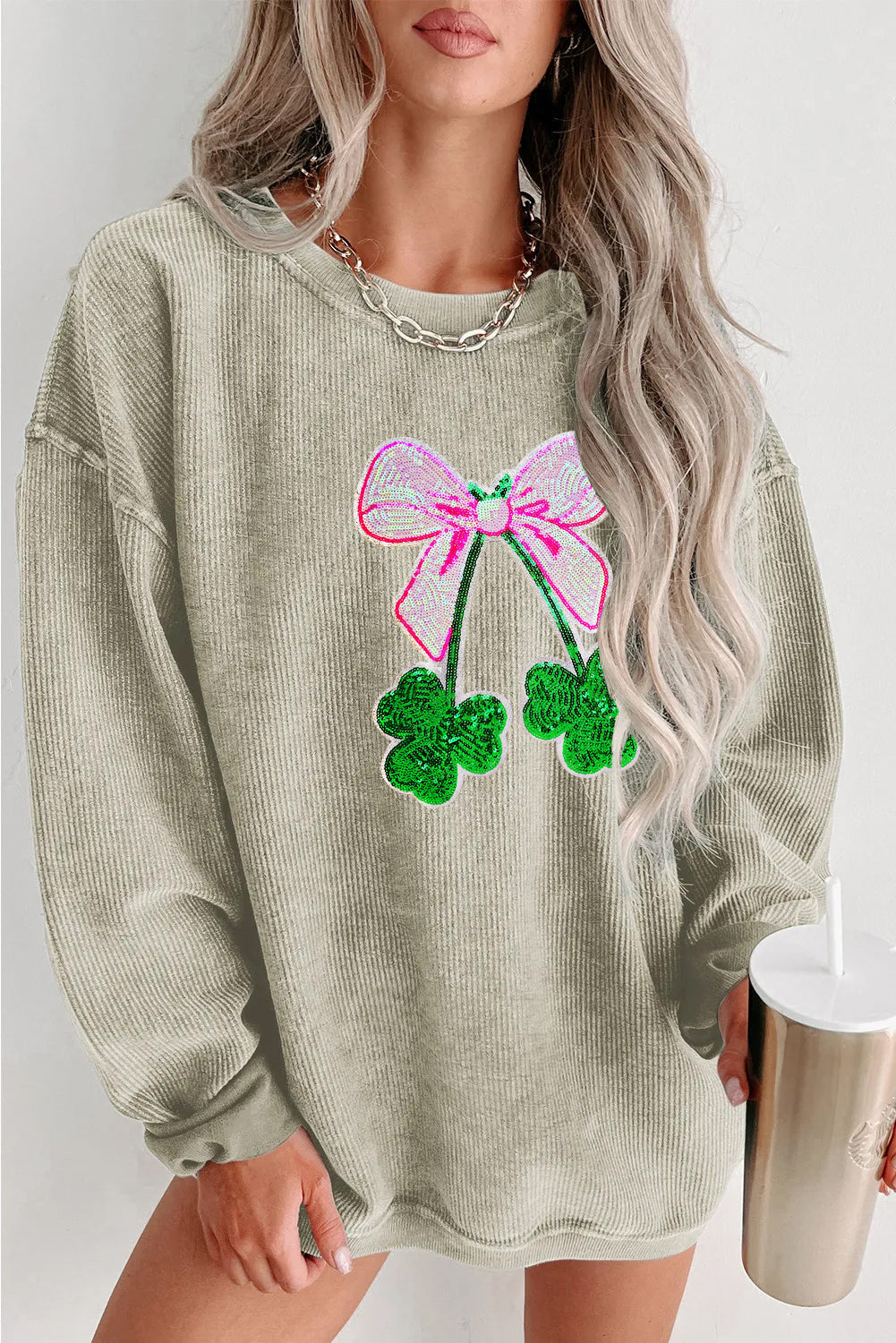 Saint Patrick’s Day Sequin Bow Clover Graphic Sweatshirt