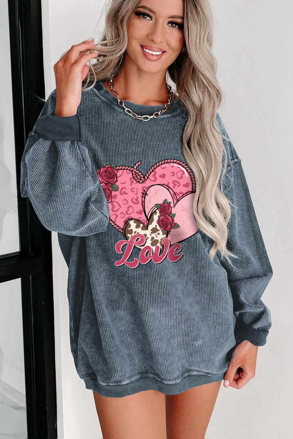 Valentine's Day Rose Love Pink Heart Print Cozy Sweatshirt