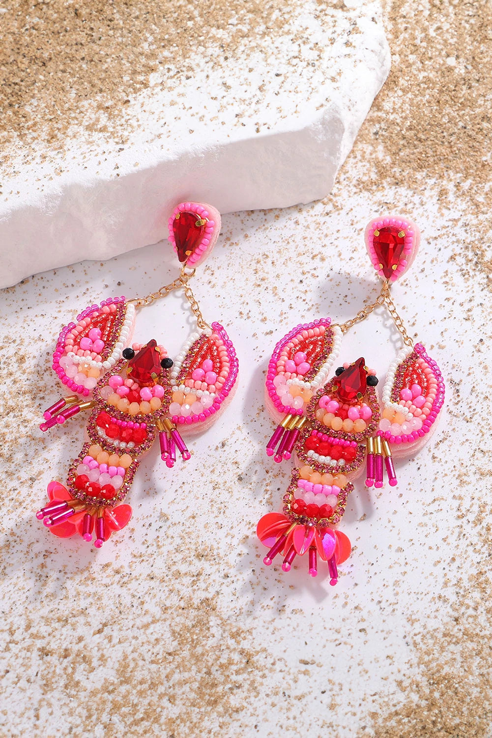 Rose Red Crystal Gem Beaded Crayfish Earrings