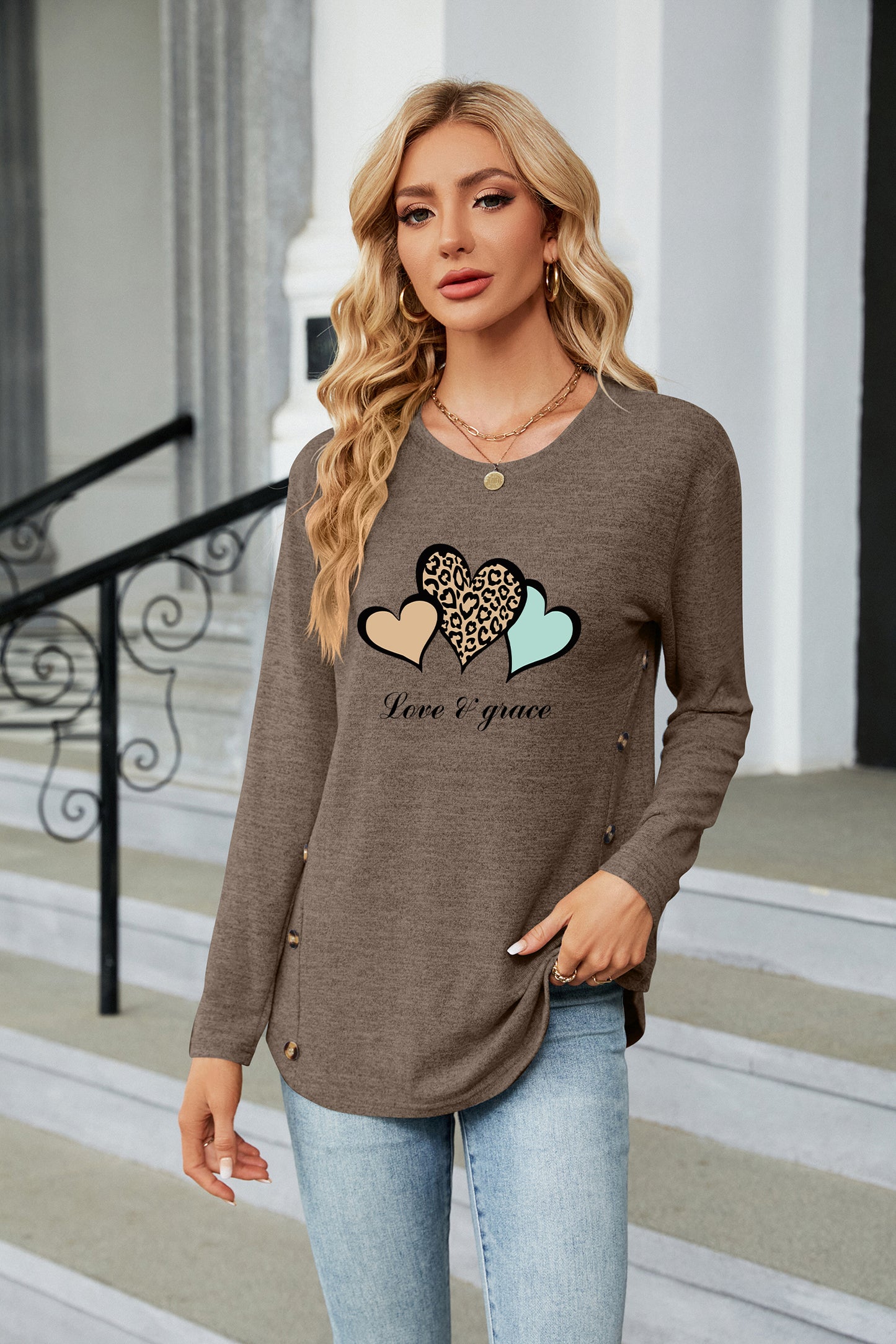 Valentine's Day Leopard Heart Graphic Everyday Long Sleeve