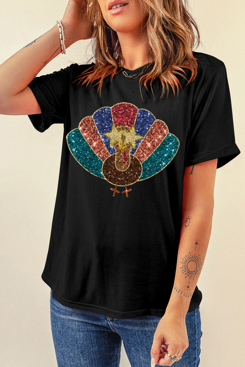 Black Glitter Turkey Heat Transfer Printing Thanksgiving T Shirt