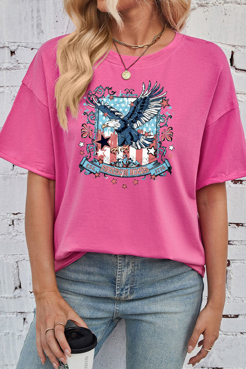 Patriotic Cotton Graphic Tee Oversized Eagle Freedom Top